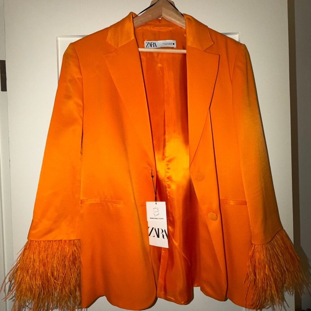 Orange Ostrich Feather Trim Blazer Suit Jacket and Drawstring Pant Suit Zara NWT - Picture 3 of 13